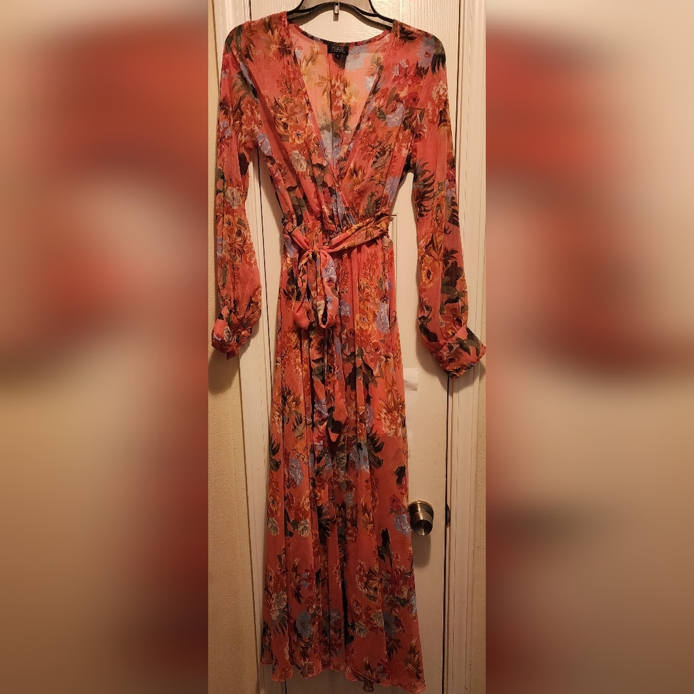 Spy Zone Exchange Pink/Coral Floral Maxi dress with cuffed sleeves and sash